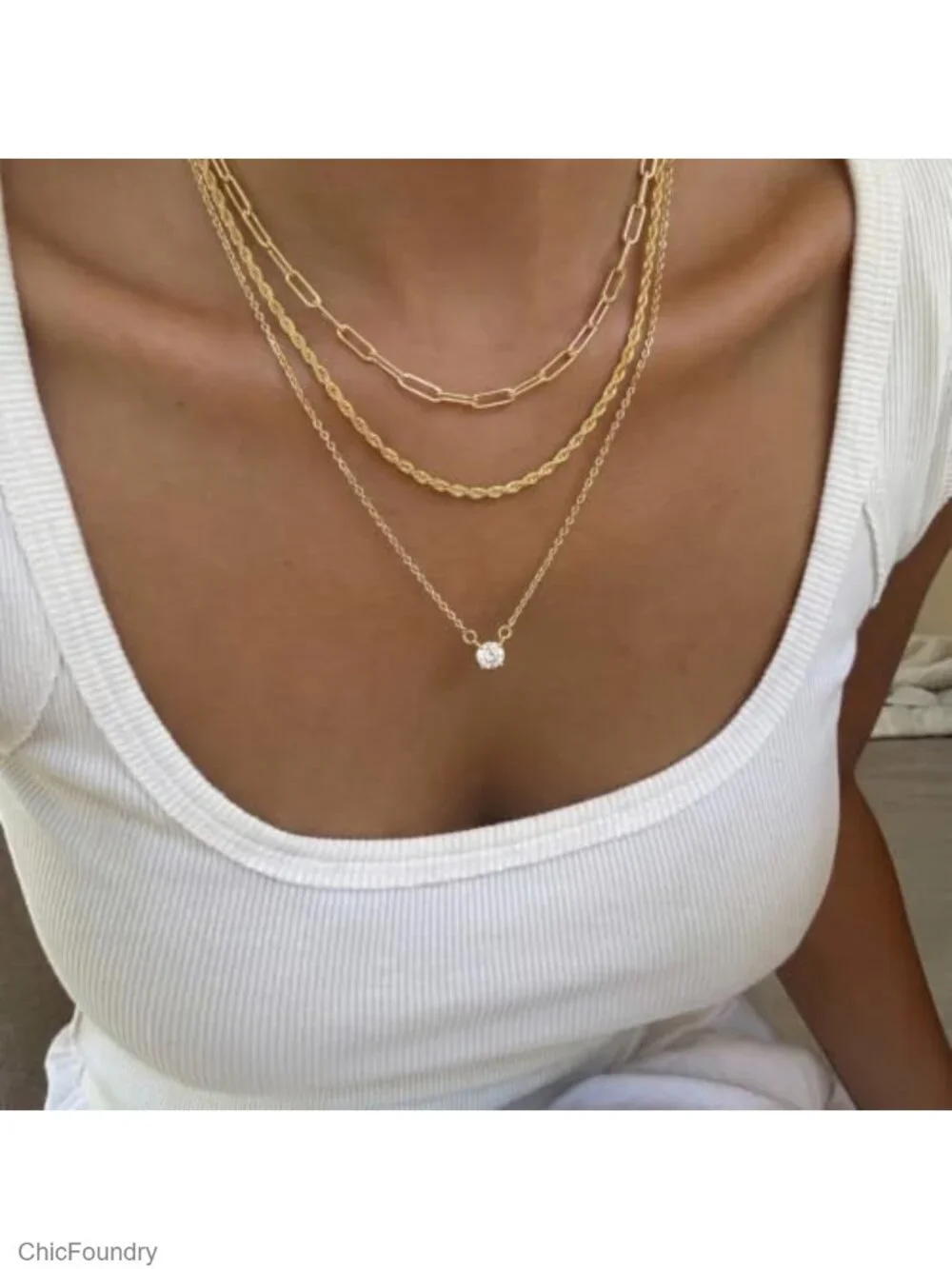 Layered Gold Plated Necklace Set 14k Paperclip Chain Stack Dainty CZ